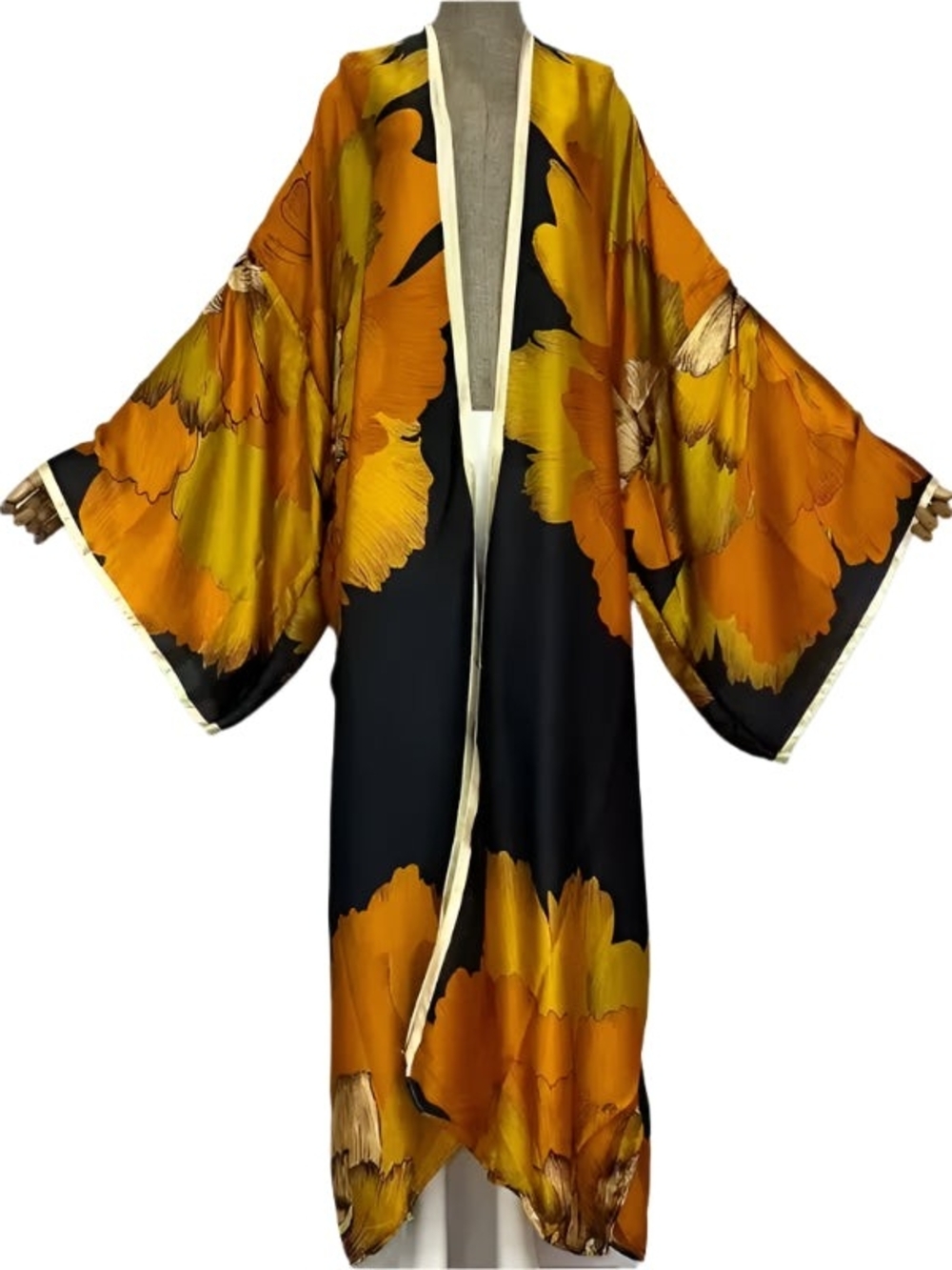 Floral Satin Kimono Robe - Black & Mustard